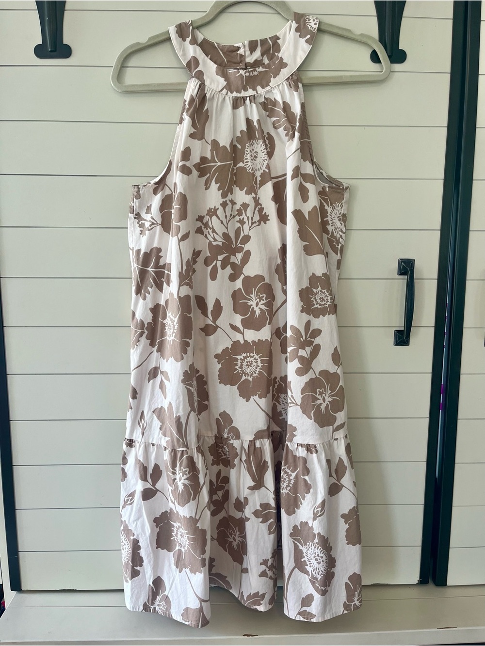 High-Neck Floral Tiered Midi Dress in White and Taupe Cotton Spring Cottagecore